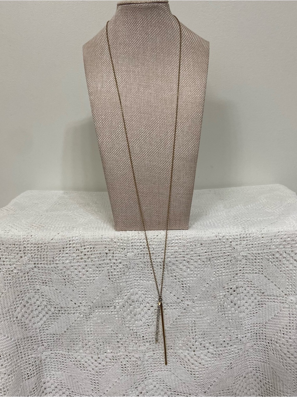 Vince Camuto Gold Tone Long Double Bar Pendant Necklace Clear Rhinestones